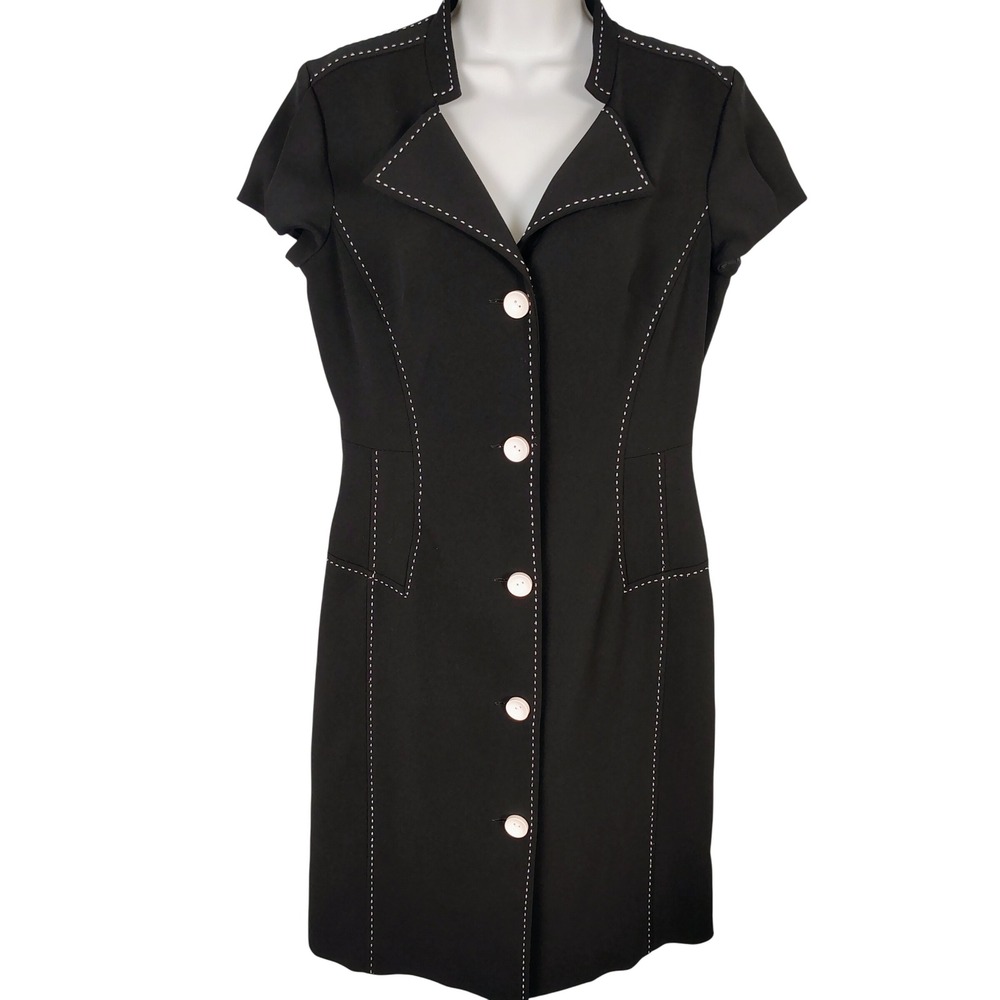 Chetta B Sunhee Black Contrast Stitch Button Front Sheath Dress Size 8
